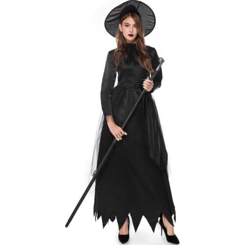 New Arrival Womens Witch Costume Role Play Witch Dress Cosplay Halloween Party with Hat Long Witch Costumes Party