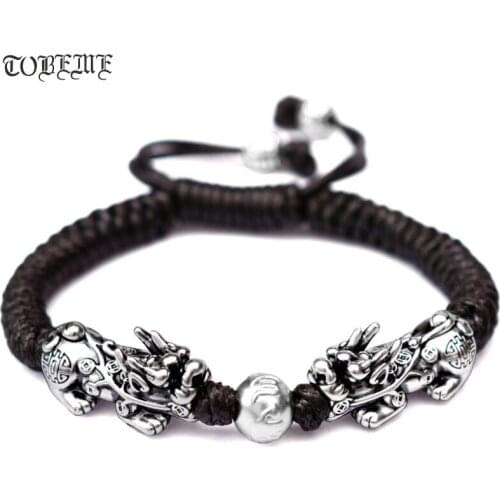 Handmade Good Luck Man Bracelet Fengshui Pixiu Bracelet 3D 999 Silver Wealth Pixiu Beaded Bracelet Man Gift