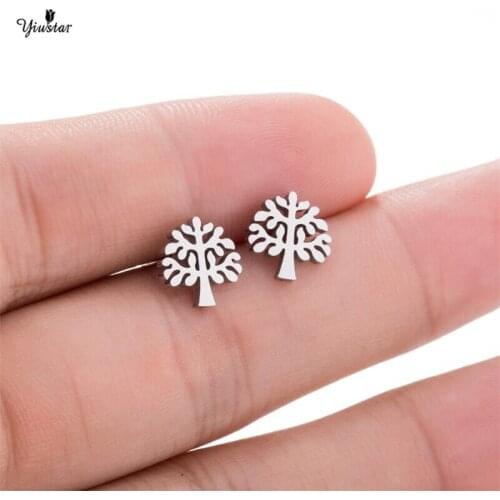Yiustar Life Tree Stud Earring Steel Color Stainless Steel Mini Charming Plant Earring Female Jewlery For Women Birthday Bijoux