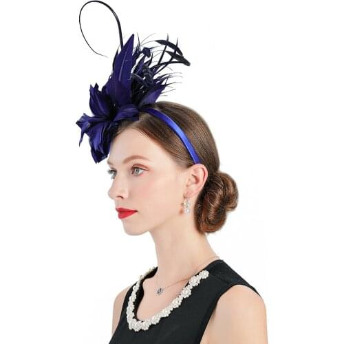 Fashion Wedding Woman Hat Fedoras Elegant Blue Fascinator Natural Feather Hat for Church Wedding Sinamay Cap Banquet Headdress