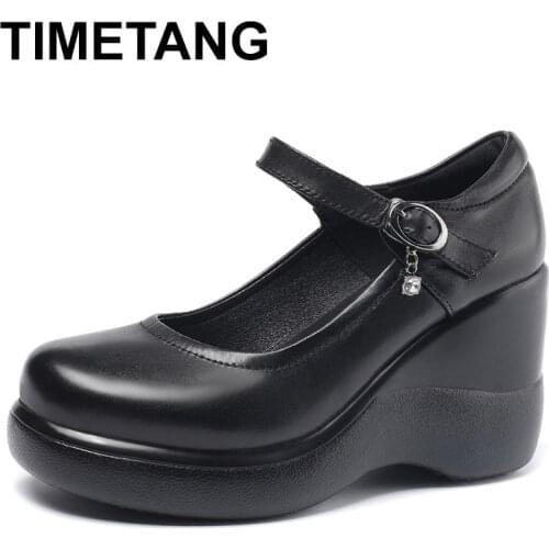 TIMETANGWedge Shoes Creepers Shoes Platform Pumps Women Shoes Mary Janes Large Size Split Leather Ladies Shoes Zapatos De Mujer