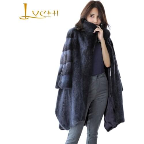 LVCHI Winter 2019 Cross Mink Grey Long Real Mink Fur Coats Womens Nine Quarter Mandarin Collar Long Slim Loss Causal Mink Coats