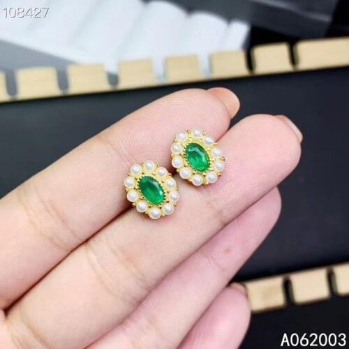 KJJEAXCMY Fine Jewelry 925 sterling silver inlaid natural Emerald female earrings Ear studs elegant support detection