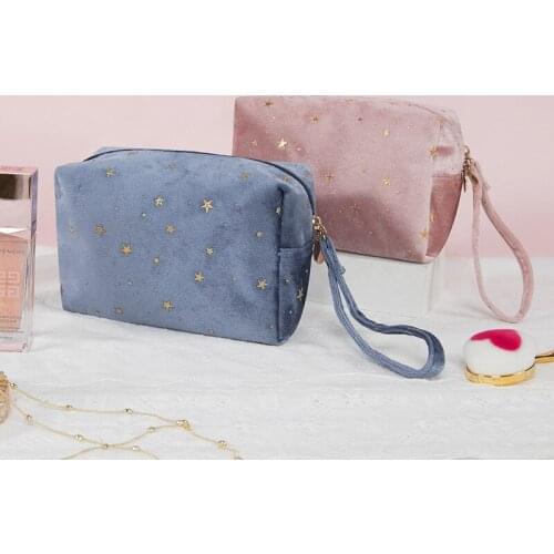 1 Pc Vintage Gold Star Cosmetic Bag Handbag for Women Zipper Velvet Makeup Lipstick Bag Female Travel Make Up Beauty Case