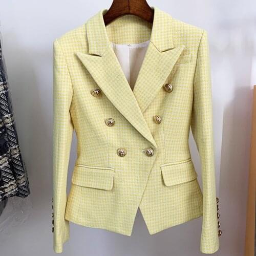 EXCELLENT QUALITY Newest 2021 Fashion Designer Jacket Womens Lion Buttons Double Breasted Slim Fitting Tweed Houndstooth Blazer