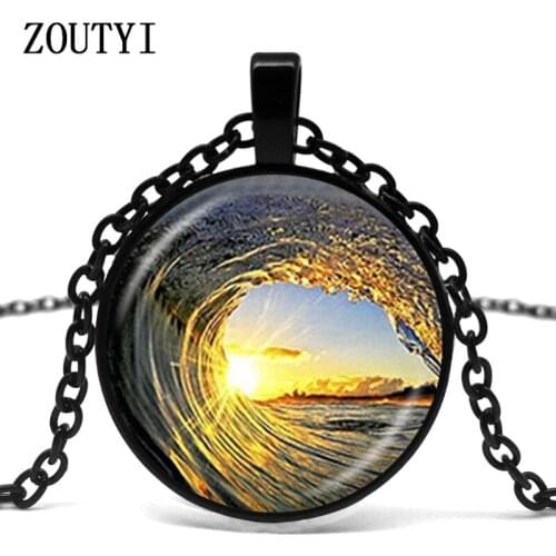 2018/wave and sunset pendant, wave necklace, surf surfing ocean, glass cabochon, sweater chain