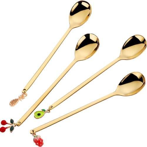 4pcs/set Fruit Fork Dessert Spoon Dinnerware Set Long Handle 304 Stainless Stee With Gift Box Coffee Ice Cream Spoons