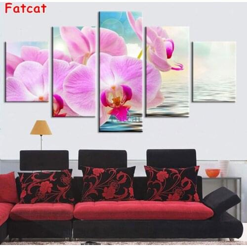 5D diamond painting cross - stitch pink orchid river water full square, round diamond painting Mosaic wall art home decor PP1932