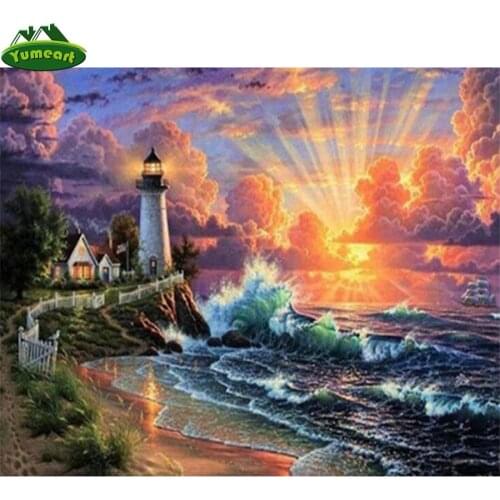 DIY Diamond Painting by Number Sunshine Lighthouse Seascape Embroidery Bead Cross Stitch Full Square Diamond Mosaic Home Decor