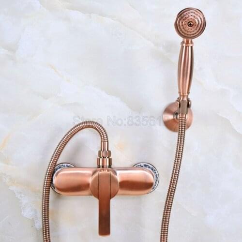Antique Red Copper Wall Mounted Bathroom Bathtub Faucet Mixer Tap w/Hand Shower tna289