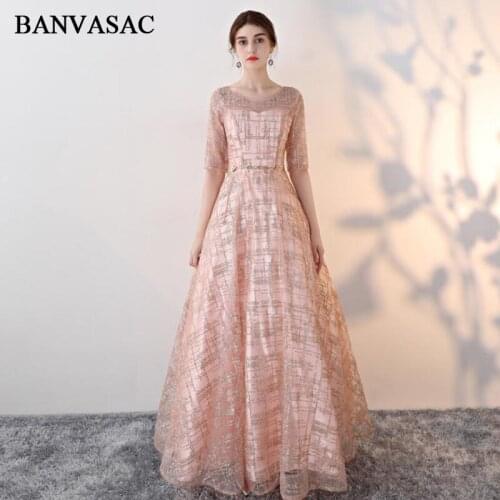 BANVASAC 2018 Sequined Sash O Neck A Line Long Evening Dresses Elegant Lace Half Sleeve Party Backless Prom Gowns