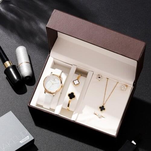 Zonmfei Brand Women luxury leather watches 5pcs/set gift box set high quality 316 stainless steel necklace bracelet earring ring