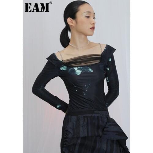 [EAM] Women Black Printed Mesh Split Joint Slim T-shirt New Round Neck Long Sleeve Fashion Tide Spring Autumn2021 1X876