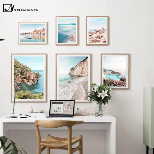 France Greece Sea Beach Seascape Poster Aegean Architecture Nature Landscape Painting Canvas Print Wall Art Picture Room Decor