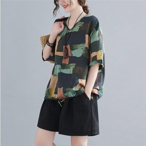 Print Tie Dye Oversized Tops 2021 New Arrival Cotton Linen Thin Soft Summer T Shirts Vintage Women Casual T-shirt Tees Shirts