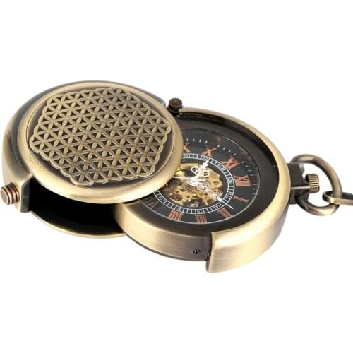 Retro Antique Hollow Cover Unique Double Turntable Capping Hand-Winding Mechanical Pocket Watch Men Steampunk Bronze 30cm Chain