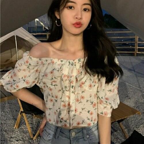 Kawaii Summer Chiffon Blouses Women Causal Floral Shirt Printed Cute Crop Tops Elegant Slash Neck Puff Sleeve Bow T-shirts Blusa
