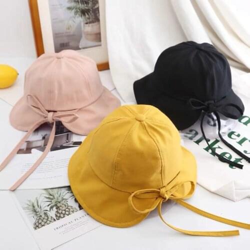 Summer Autumn Cotton Bucket Hat Outdoor Solid Color Bowknot Sun Protection Hats For Women Big Brim Foldable Girls Cap