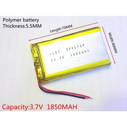 Polymer battery 1850 mah 3.7 V 554070 smart home MP3 speakers Li-ion battery for dvr,GPS,mp3,mp4,cell phone,speaker