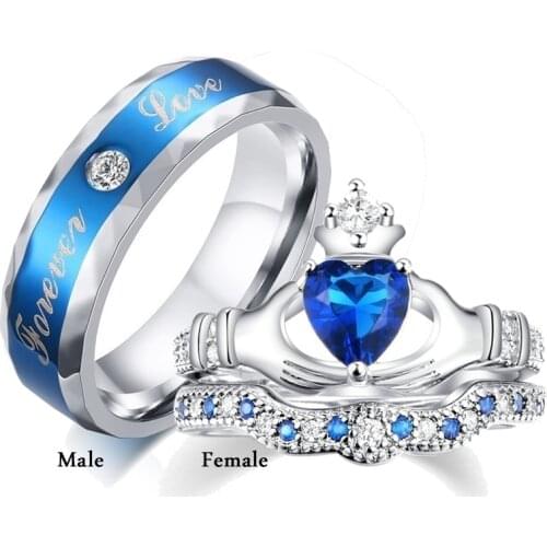 Charm Couple Ring Zircon Inlay Stainless Steel Mens Ring Blue Zircon Womens Ring Sets Valentines Day Wedding Band Jewelry