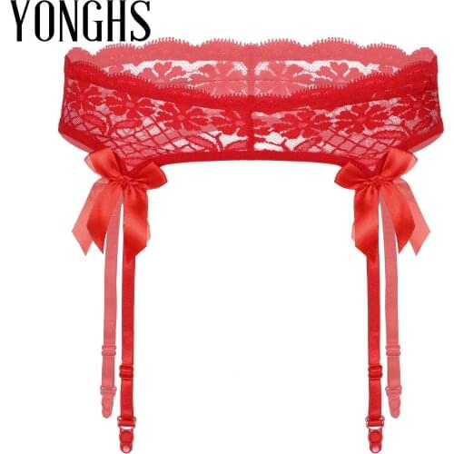 Sheer Lace Suspenders Mens Erotic Sexy Sissy Lingerie Sleepwear Bowknot Elastic Waistband Garter Belt for Stockings