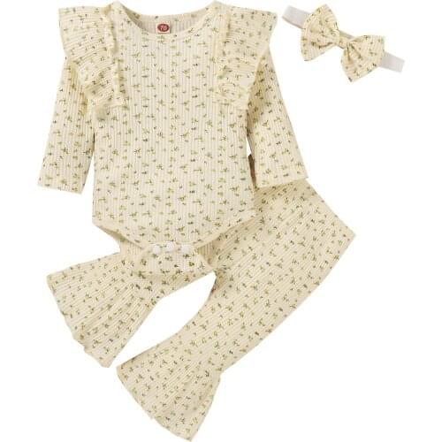 0-24M Newborn Baby Girls 3 Pcs Floral Outfits Long Fly Sleeve Round Neck Romper + Flared Pants + Bowknot Headband Clothes Set