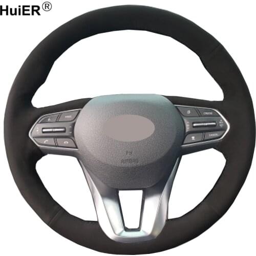 Hand Sewing Car Steering Wheel Cover Black Suede Wrap Funda volante For Hyundai Santa Fe 2019 2020 Braid on the Steering wheel