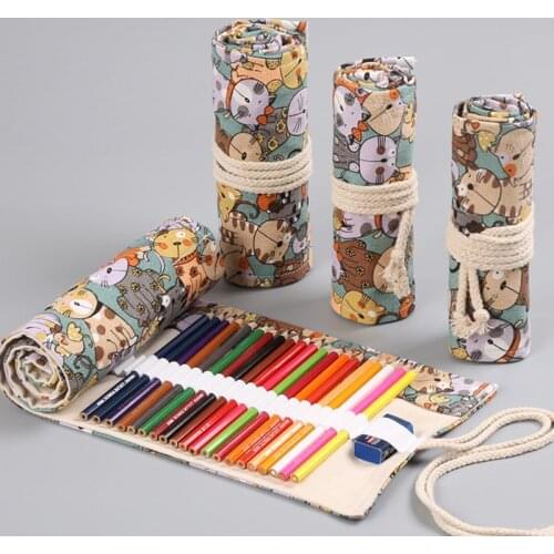 Cute Cartoon Cat 12/24/36/48/72 Holes Canvas Roll Pen Curtain Pencil Bag Case Makeup