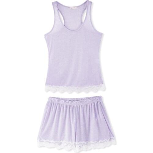 Solid Lace Patchwork Tank Tops Shorts 2Pcs Pajamas Sets for Women Sleepwear Sleeveless Casual Soft Pajama Woman Suit Clothes