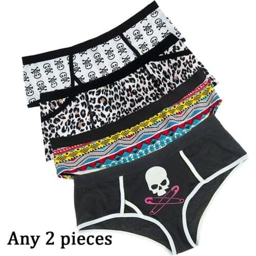 Mierside 2pcs/lot Skull Pattern (2XL/3XL)/Leopard (L/XL) Printed Brief Cotton Women Panties Big Size Underwear