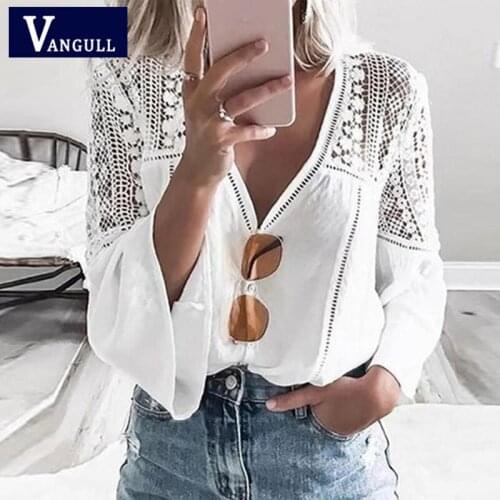 Vangull Womens Sexy Boho Lace Flare Sleeve Hollow Shirt Blouse White Patchwork Female V-Neck Tops Summer Ladies Casual Blouses
