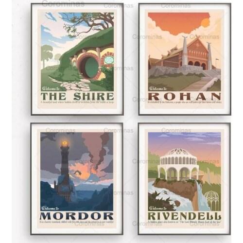 Nordic Vintage Travel Poster Tolkien Middle Earth The Shire Illustration Landscape Wall Art Canvas Painting Pictures Home Decor