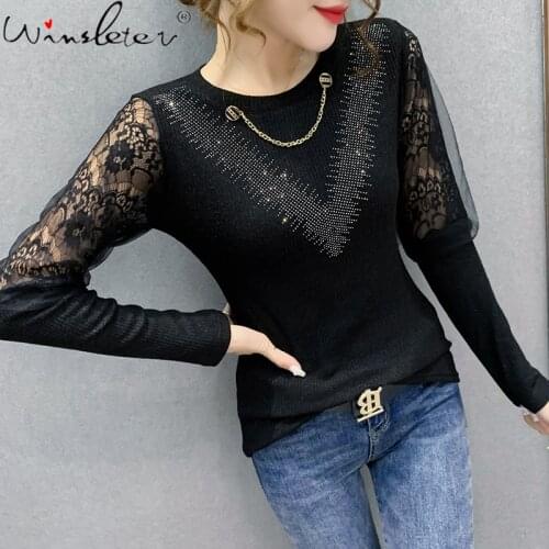 Spring European Clothes Knitted T-Shirt Sexy Patchwork Diamonds Lace Women Tops Long Sleeve Casual All Match Tees 2021 T16217A