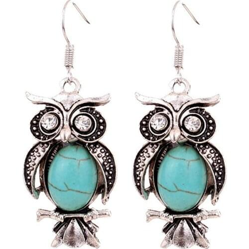 Women Fashion Cute Animal Earrings Blue Stone Owl Drop Earrings Hanging For Ladies Girls Party Jewelry Accessories Ornament Gift
