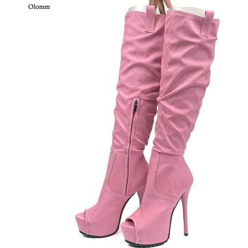 Olomm Women Spring Platform Knee Boots Side Zipper Stiletto Heels Peep Toe Pretty Pink Green Red Club Shoes Plus US Size 5-20