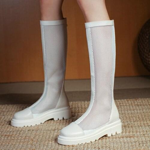 2021 Platform Height Increasing Summer Women Knee High Boots Mesh Back Zipper Women Summer Shoes Black White Plus Size 34-43