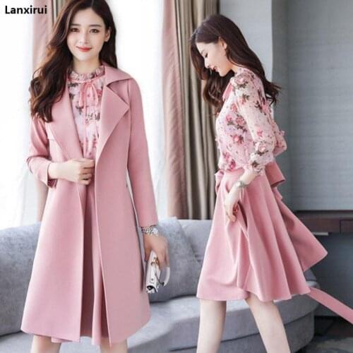 Winter Spring Women Floral Clothes 3 Pieces Set Women Woolen Coat Chiffon Shirt Skirt Three -Piece High Quality Office Suit