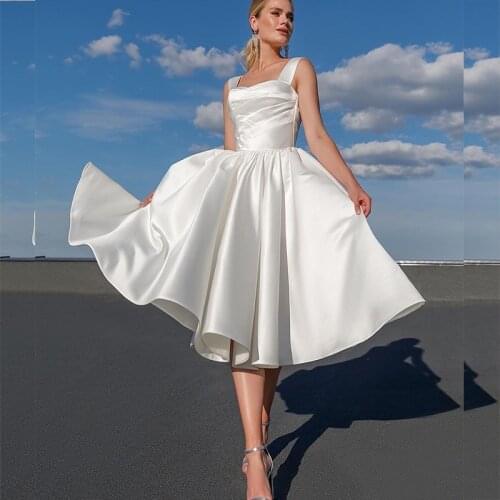 Short Wedding Dress Simple Satin Spaghetti Strap A-Line Bridal Gowns White Knee Length Robe De Mariee Sleeveless Gorgeous Beach