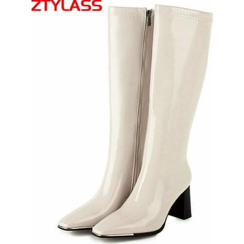 2021 Fashion Knee High Boots Pu Leather Women Boots Shoes Square Toe High Heel Long Boots Zipper Autumn Winter Boots
