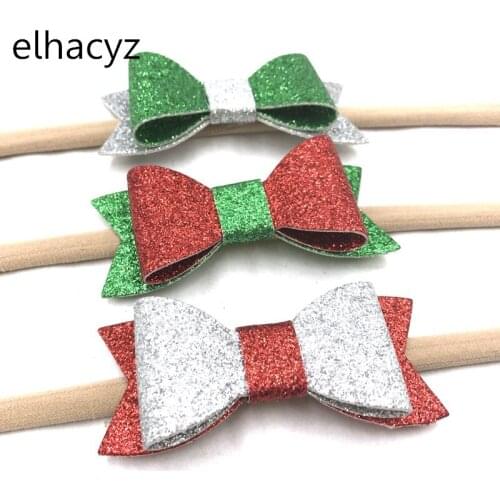 6pcs/lot Red White Green Christmas Leather Bow with Nylon Headband 3'' Big Glitter Leather Hair Bow Hair Accessories Headwear