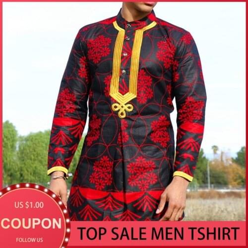 African Mens Dashiki Long Sleeve Plus Size Shirt Rich Floral Print Moslem Mens Slim Top Casual T-shirt Tradition Chilaba Man