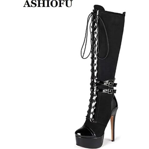 ASHIOFU New Elegant Handmade Womens High Heels Boots Patchwork Sexy Platform Shoelace Shoes Evening Night-club Fashion Boots