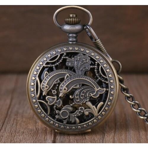 5pcs Unqiue Antique Double Fish Creative Carving Mechanical Pocket Watch Roman Numerals Chain Automatic Hand Wind Chain Gifts