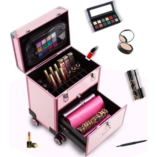 Makeup Luggage Travel Suitcases Luxury Cosmetic Storage Organizer Pink Vintage Professional Make Up Trolley Wheels Carry On Case