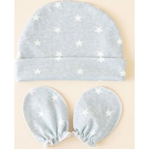 Stars Printed Baby Gloves Hat Set Soft Cotton Mittens Beanie Cap Nightcap Kit for Infant Newborn