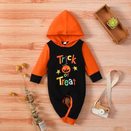 Childrens hooded jumpsuit autumn clothing Halloween pumpkins printed long-sleeve baby climb clothes