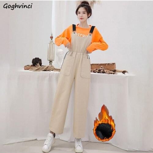 Women Jumpsuits Plus Velvet Solid Loose Full Length Overalls Pockets Fashion All-match Korean Style Student Simple Ulzzang Chic