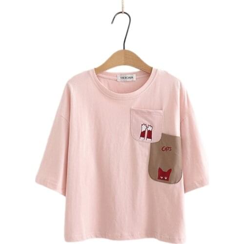 Summer Cute Fashion Cartoon Women T-shirts Kawaii Cat Pocket White Short Sleeve Crop Tops Girls Pink Tee Harajuku Female T Shirt