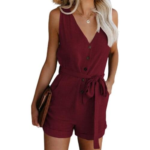 Summer Women Jumpsuit Fashion Solid Color Lace Up Button Ladies Playsuit Sleeveless V Neck Simple Women Romper Outfit