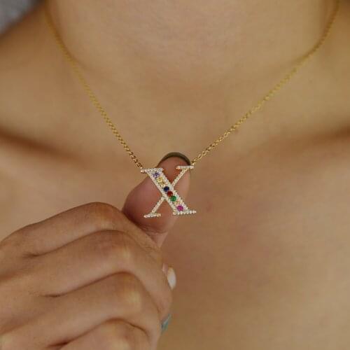 Fashion 26 Initial Letters Necklace Shiny AAA+ Cubic Zircon Stone Colorful A-Z Alphabet Pendant Necklaces Women Females Jewelry